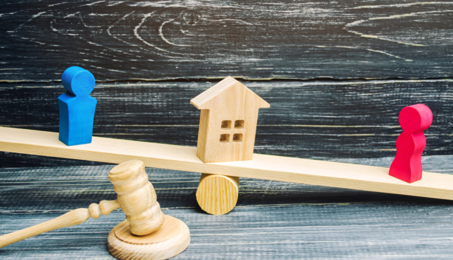 Biểu tượng cán cân bằng gỗ, ở giữa là mô hình nhà, hai bên là hai quả cân, biểu tượng búa của ngành luật