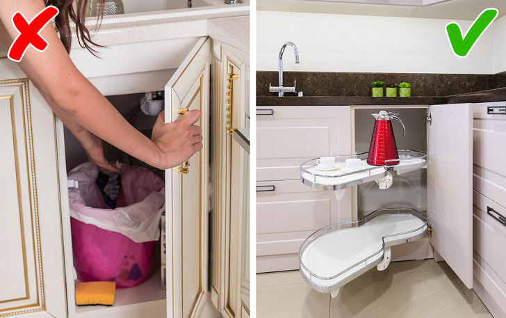 Góc chết nơi tủ bếp được tận dụng tối đa nhờ khay xoay. khay xoay trong góc bếp