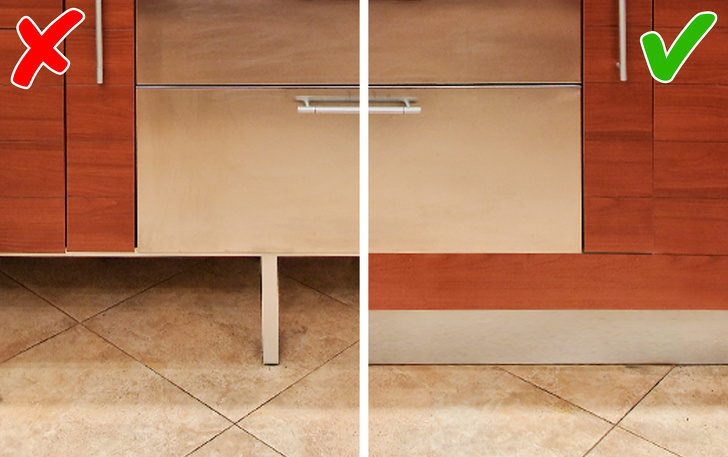 Người nội trợ sẽ không phải dọn dẹp, vệ sinh quá nhiều khi lắp đặt tủ bếp có chân đế. tủ bếp không chân đế và tủ bếp có chân đế