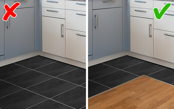 Trong phòng bếp, hãy sử dụng kết hợp các vật liệu lát sàn khác nhau. bếp lát gạch men và bếp lát gạch men kết hợp gỗ gia nhiệt