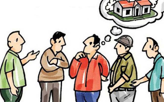 Việc mượn tuổi chỉ mang yếu tố tinh thần không có cơ sở khoa học. Hình vẽ 5 người đàn ông đang đứng trao đổi về việc xây nhà.